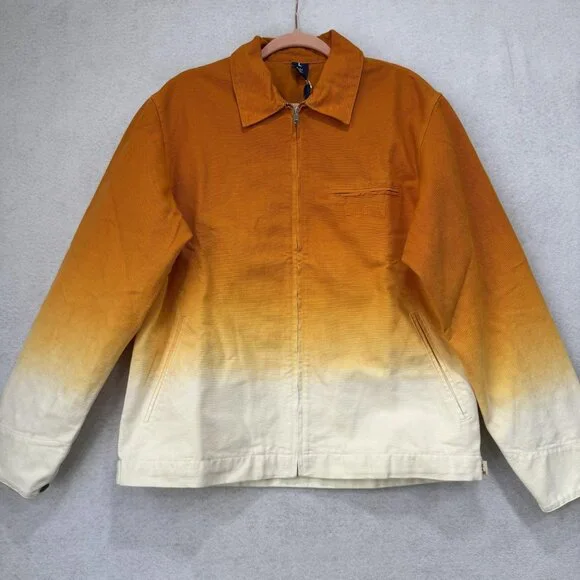 FLAN Jacket Mens Large Orange White Ombre Dip Dye Zip Front Work Chore Cotton